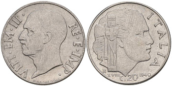 ИТАЛИЯ 20 ЧЕНТЕЗИМО 1940 R, ГОД XVIII, ВИКТОР ЭММАНУИЛ III (1900-1946), МАГНИТНАЯ, ГУРТ РИФЛЁНЫЙ KM 75b, VEM3. 1025 нержавеющая сталь 3853-511