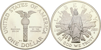 США 1 доллар 1989 S, 200 лет конгрессу США KM 225 серебро PROOF 06-245-44