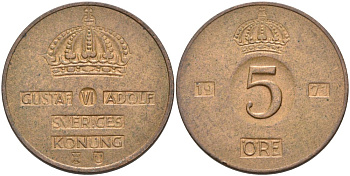 Швеция 5 эре 1971 U, Густав VI Адольф (1950-1973) KM 822 бронза 4557-835