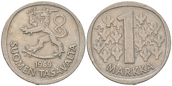 Финляндия 1 марка 1969 S KM 49a медно-никель 4577-911