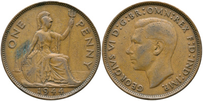 Великобритания 1 пенни 1944 Георг VI (1936-1952) KM 845, Spink 4114 бронза 32-226