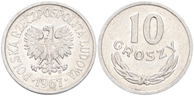 Польша 10 грошей 1967 MW KM AA47, Parchimowicz 206f алюминий 4516-1254