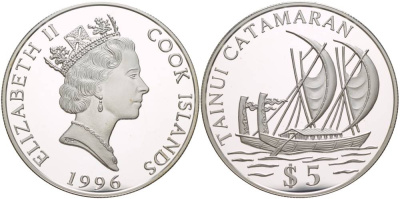 Острова Кука 5 долларов 1996 катамаран "TAINUI" KM 846 серебро  PROOF  1081-7-41