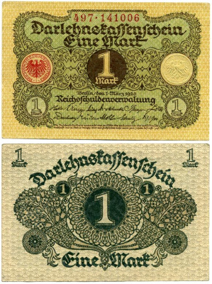 ГЕРМАНИЯ 1 МАРКА 1920 1 МАРТА 1920, ВЕЙМАРСКАЯ РЕСПУБЛИКА Pick 58 бумага аUNC 7548-48-1-1