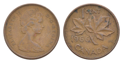 Канада 1 цент 1966 Елизавета II (1952-2022), кленовый лист KM 59 бронза 4630-544