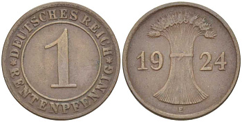 Германия 1 рентенпфенниг 1924 E KM 30, J. 306 бронза 116-861