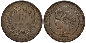 ФРАНЦИЯ 10 САНТИМОВ 1874 A, ТРЕТЬЯ РЕСПУБЛИКА (1871-1940) KM 815.1, LA FRANC 135.12 бронза 441-1515