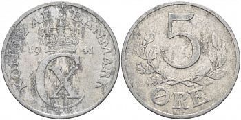 ДАНИЯ 5 ЭРЕ 1941 N ; S, КРИСТИАН X (1912-1947) KM 834 алюминий 87-1416