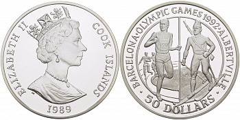 Острова Кука 50 долларов 1989 XXV летние Олимпийские игры 1992 года в Барселоне и XVI Зимние Олимпийские игры 1992 в Альбервиле KM 60 серебро PROOF 02-112-31
