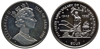 Остров Мэн 15 экю 1995 50 лет ООН, Елизавета II (1952-2022) KM 714 серебро PROOF 1528-214