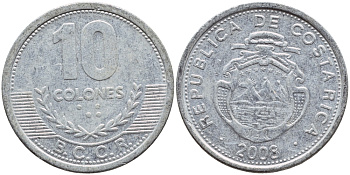 КОСТА-РИКА 10 КОЛОН 2008 B.C.C.R. KM 228b алюминий 51-2446