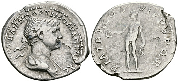 Римская Империя денарий 114 - 117 Траян PM TR P COS VI PP SPQR Гений, держащий патеру и колосья пшеницы Рим Very fine RIC 303 серебро 1073-4-1-7