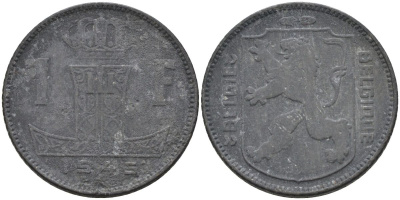 Бельгия 1 франк 1945 Belgie-Belgique KM 128 цинк 4126-147