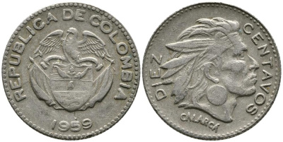 КОЛУМБИЯ 10 СЕНТАВО 1959 КАЛАРКА KM 212.2 медно-никель 4549-623