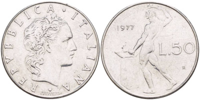 ИТАЛИЯ 50 ЛИР 1977 R, БОГ ОГНЯ ВУЛКАН У НАКОВАЛЬНИ KM 95.1 нержавеющая сталь 4525-921