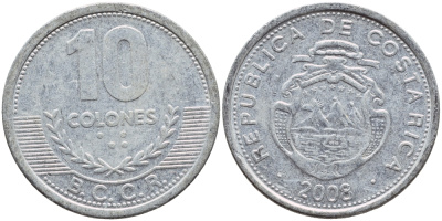 КОСТА-РИКА 10 КОЛОН 2008 B.C.C.R. KM 228b алюминий 51-2446