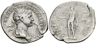 Римская Империя денарий 114 - 117 Траян PM TR P COS VI PP SPQR Гений, держащий патеру и колосья пшеницы Рим Very fine RIC 303 серебро 1073-4-17