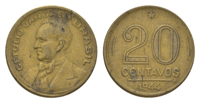 Бразилия 20 сентаво 1944 Жетулиу Варгас KM 556a алюминиевая бронза 4625-936