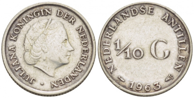 Нидерландские Антилы 1/10 гульдена 1963 Юлиана (1948-1980) KM 3 серебро 112-1058