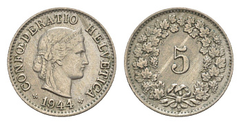 Швейцария 5 раппенов 1944 B KM 26 медно-никель 4627-811