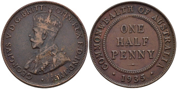 АВСТРАЛИЯ 1/2 ПЕННИ 1935 ГЕОРГ V KM 22 бронза 67-1225