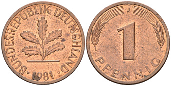 ФРГ 1 пфенниг 1981 J KM 105, J. 380 сталь плакированная медью 4585-765