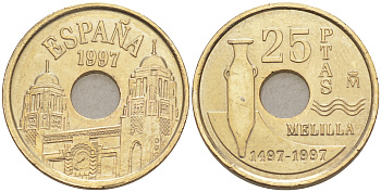 Испания 25 песет 1997 Мелилья (Melilla), Хуан Карлос I (1975-2014) KM 983 латунь 187-754
