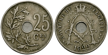 Бельгия 25 сантимов 1922 Belgique KM 68 медно-никель 4168-1246