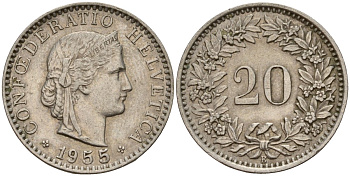 Швейцария 20 раппенов 1955 B KM 29a медно-никель 4187-542
