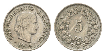 Швейцария 5 раппенов 1944 B KM 26 медно-никель 4627-811