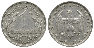 ГЕРМАНИЯ 1 РЕЙХСМАРКА 1934 А KM 78, J. 354 никель 4380-532