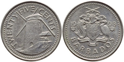 Барбадос 25 центов 1998 ветряная мельница Моргана Льюиса KM 13 медно-никель 4398-437