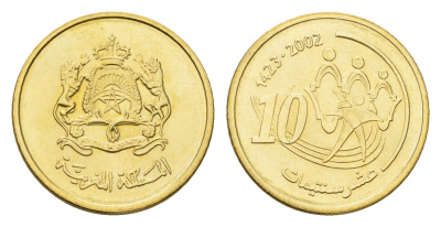 Марокко 10 сантимов 2002 AH 1423, год-тип Y 114 медь алюминий цинк олово UNC 4588-1227