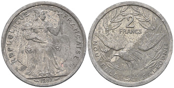 Французская Новая Каледония 2 франка 1987 птица кагу, (IEOM) KM 14, Schoen 11, Lec 64 алюминий    27-1036