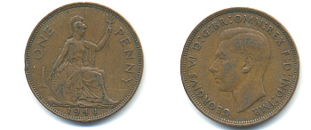 Великобритания 1 пенни 1944 Георг VI (1936-1952) KM 845, Spink 4114 бронза 89-211