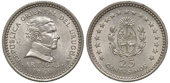 Уругвай 25 сентесимо 1960 KM 40 медно-никель 4169-769