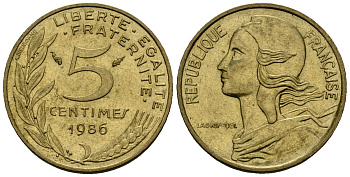 Франция 5 сантимов 1986 тип Marianne KM 933 алюминиевая бронза 4136-446