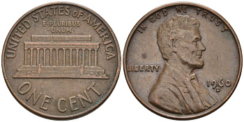 США 1 цент 1960 D, Линкольн KM 201 медь цинк 4564-339