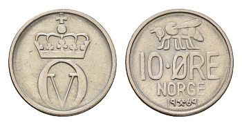 Норвегия 10 эре 1969 Улаф V (1957-1991) KM 411 медно-никель 4588-433