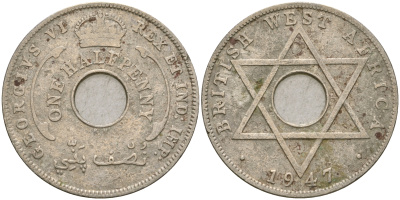 Британская Западная Африка 1/2 пенни 1947 KN, Георг VI KM 18 медно-никель 25-1014