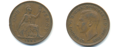 Великобритания 1 пенни 1944 Георг VI (1936-1952) KM 845, Spink 4114 бронза 89-211