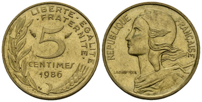 Франция 5 сантимов 1986 тип Marianne KM 933 алюминиевая бронза 4136-446