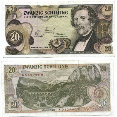 АВСТРИЯ 20 ШИЛЛИНГОВ 1967 (1968) 2 ИЮЛЯ 1967, КАРЛ РИТЕР фон ГЕГА Pick 142a бумага VF-XF 8605-23-4-2