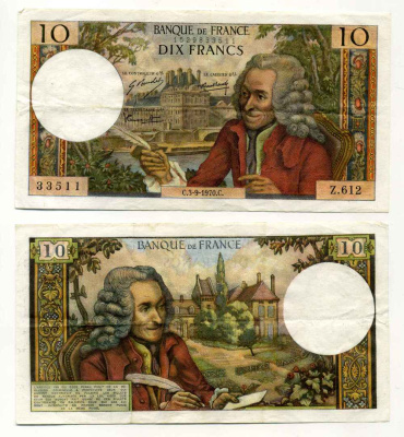 ФРАНЦИЯ 10 ФРАНКОВ 1970 3 СЕНТЯБРЯ 1970, ВАЛЬТЕР Pick 147c бумага 8589-16-1-2