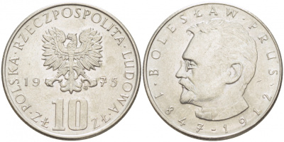 Польша 10 злотых 1975 MW, Болеслав Прус KM 73, Parchimowicz 242a медно-никель 4519-1031