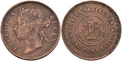 Стрейтс-Сетлментс 1 цент 1874 Виктория (1837-1901), Ост-Индская компания KM 9 медь 4590-343