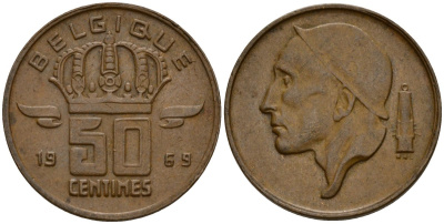 Бельгия 50 сантимов 1969 Belgique, Бодуэн I (1951-1993) KM 148 бронза 4154-1052