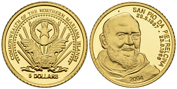 Северные Марианские острова 5 долларов 2004 Святой Пио из Пьетрельчины (1887-1968) KM NEW золото PROOF 02-117-41