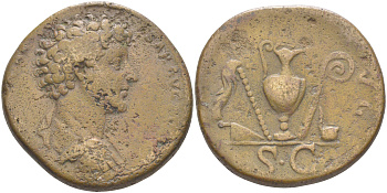 Римская Империя сестерций 140 - 144 Марк Аврелий в ранге цезаря, бюст цезаря, AVRELIVS CAESAR AVG PII F COS / священные сосуды, PIETAS AVG, Рим (из немецкой коллекции 1-й половины XX века, с владельческим конвертом) RIC 1234a бронза 1073-23-55