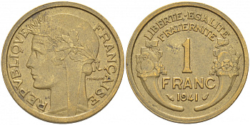 ФРАНЦИЯ 1 ФРАНК 1941 ТИП MORLON KM 885, LE FRANC 219.12 алюминиевая бронза 4402-856